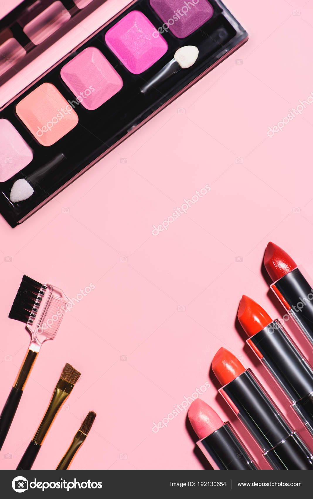 Top View Various Makeup Supplies Pink Surface Stock Photo