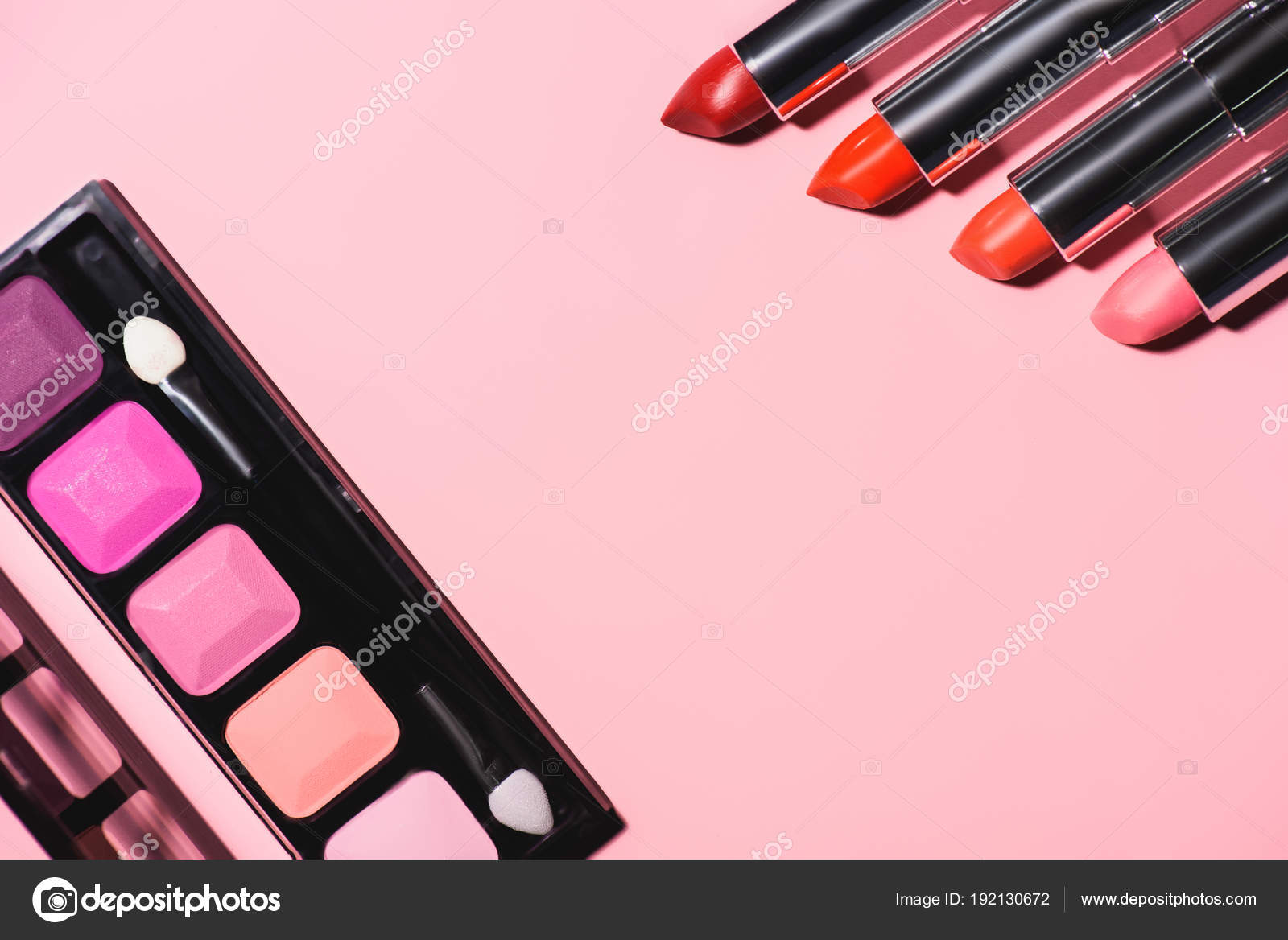 Top View Different Makeup Supplies Pink Surface Stock Photo