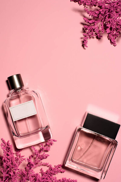 top view of bottles of perfumes with pink branches on pink surface