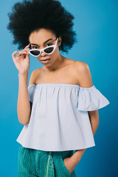 Seductive African American Woman Stylish Shoulder Top Sunglasses Isolated Blue — Stock Photo, Image