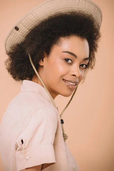 Close Portrait Happy African American Woman Safari Hat Isolated Beige — Stock Photo, Image