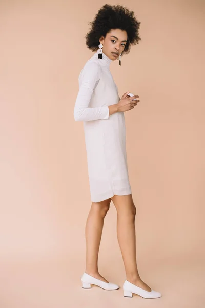 Beautiful Young Woman Stylish White Dress Beige — Stock Photo, Image