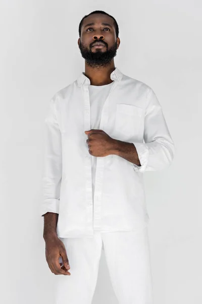 Low Angle View Handsome Stylish African American Man Unbuttoning White — Stock Photo, Image