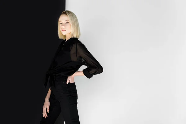 Attractive Stylish Blonde Woman Black Clothes Posing Black White Wall — Stock Photo, Image