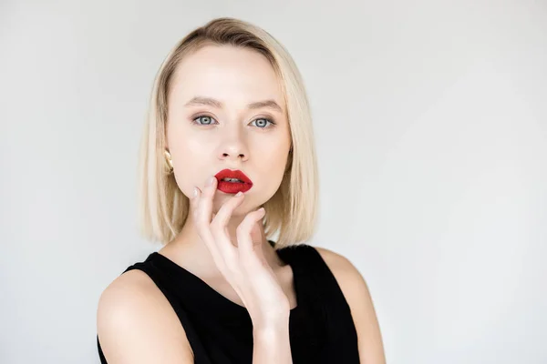 Attractive Stylish Blonde Woman Red Lips Looking Camera Isolated White — Stock Photo, Image