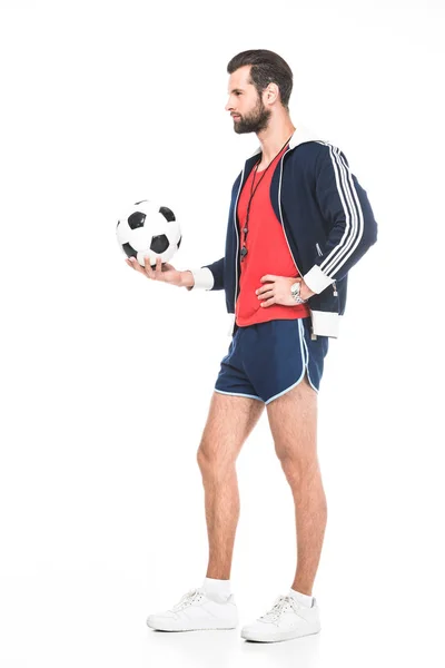 Schöner Fußballtrainer Mit Ball Isoliert Auf Weiß — Stockfoto