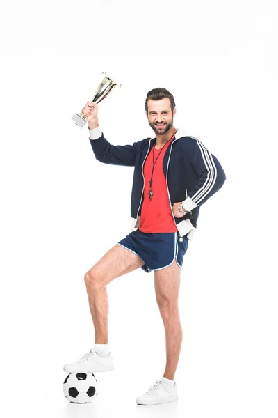 Entrenador Fútbol Con Copa Trofeo Pelota Aislado Blanco — Foto de Stock