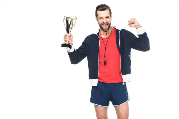 Excited Sportive Trainer Yelling Holding Trophy Cup Isolated White — Stock Photo, Image