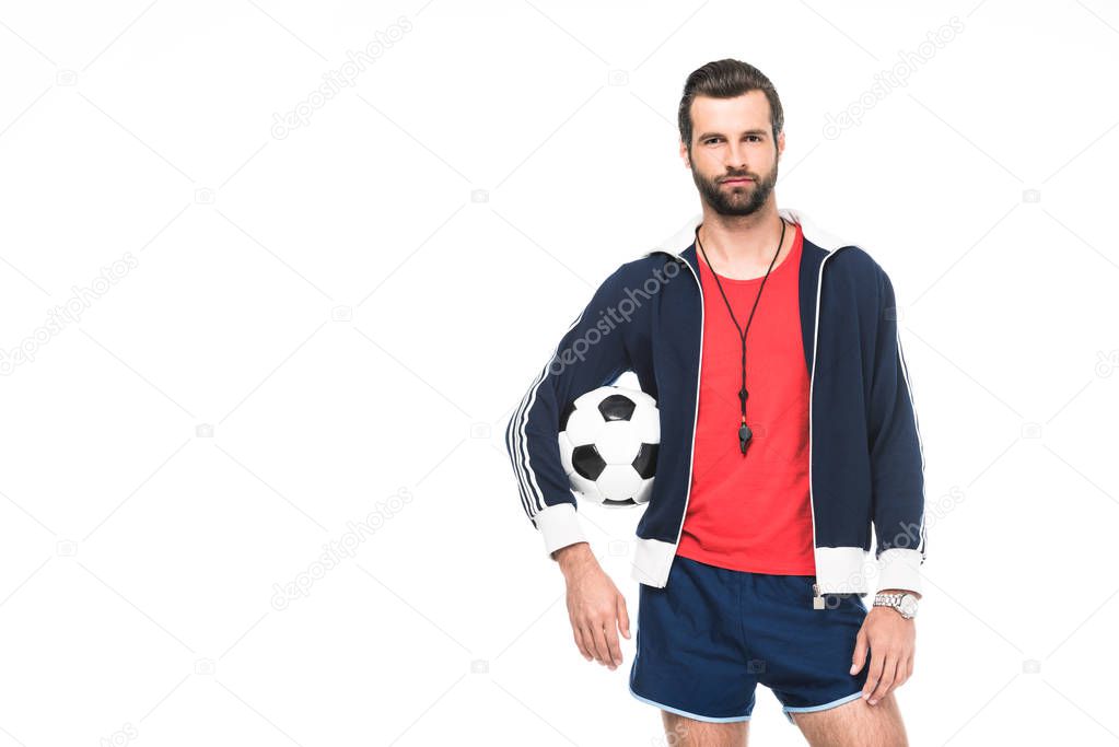 soccer coach with ball, isolated on white