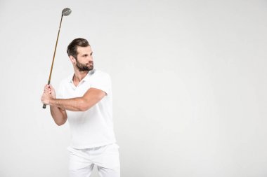 karışık golf oyuncu golf club, gri izole ile beyaz spor giyim