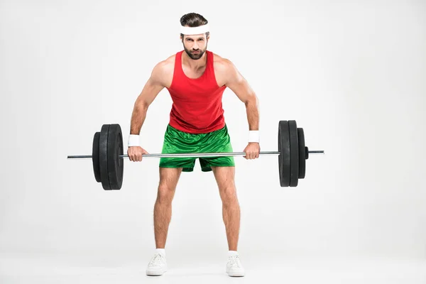 Αθλητής Στην Κατάρτιση Retro Αθλητικά Barbell Απομονώνονται Λευκό — Φωτογραφία Αρχείου