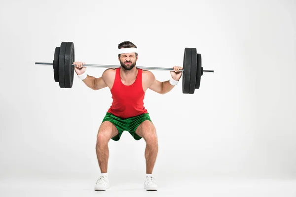 Sportsman Retro Sportswear Squating Barbell Isolated White — Stock Photo, Image