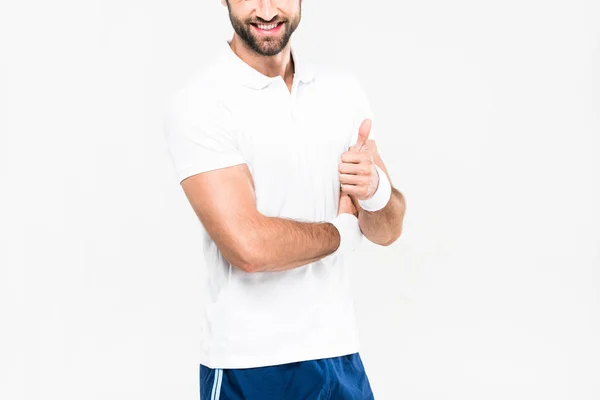 Cropped View Sportsman Sportswear Showing Thumb Isolated White — Free Stock Photo