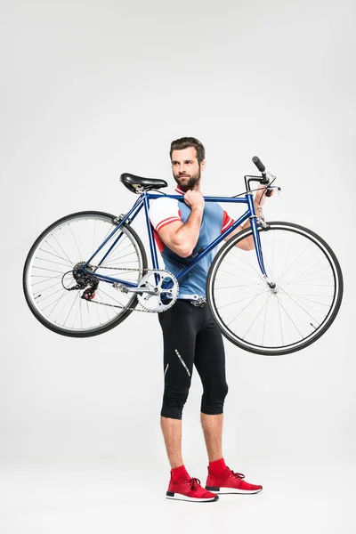 Handsome Sportsman Carrying Bicycle Isolated White — Stock Photo, Image