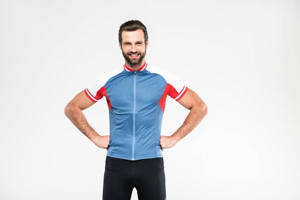 Pengendara Sepeda Yang Ceria Dengan Pakaian Olahraga Terisolasi Dengan Warna — Stok Foto