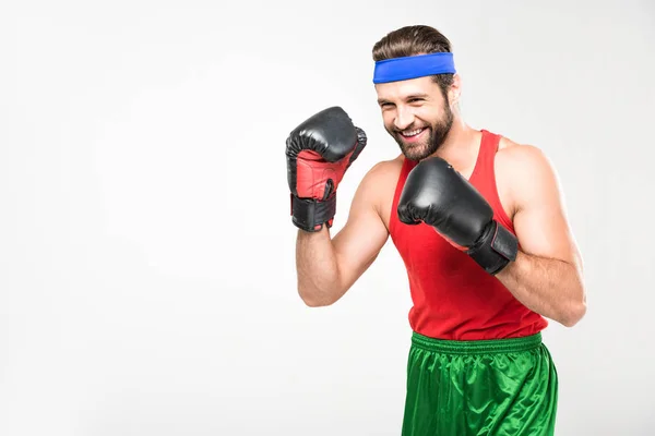 Retro Man Training Boxing Gloves Isolated White — Stock Photo, Image