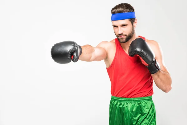 Uomo Atletico Retrò Guantoni Boxe Isolato Bianco — Foto stock gratuita