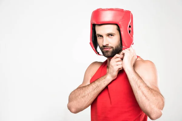 Handsome Sportsman Red Retro Helmet Isolated White — Stock Photo, Image