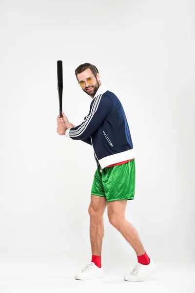 Retro Deportista Gafas Sol Jugando Béisbol Aislado Blanco — Foto de stock gratis