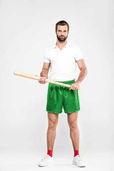 Handsome Sportsman Holding Baseball Bat Isolated Grey — Stock Photo, Image