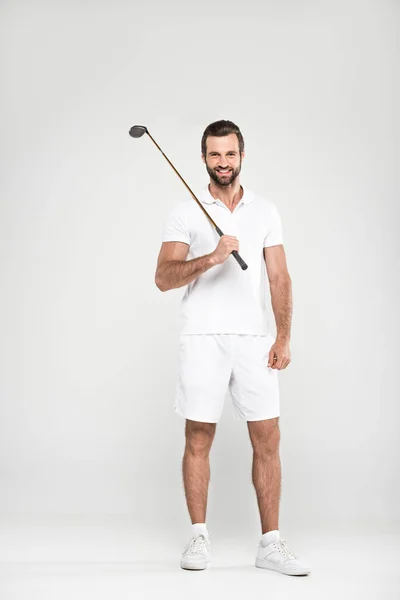 Veselý Muž Golfista Bílé Sportovní Golf Club Izolované Grey — Stock fotografie