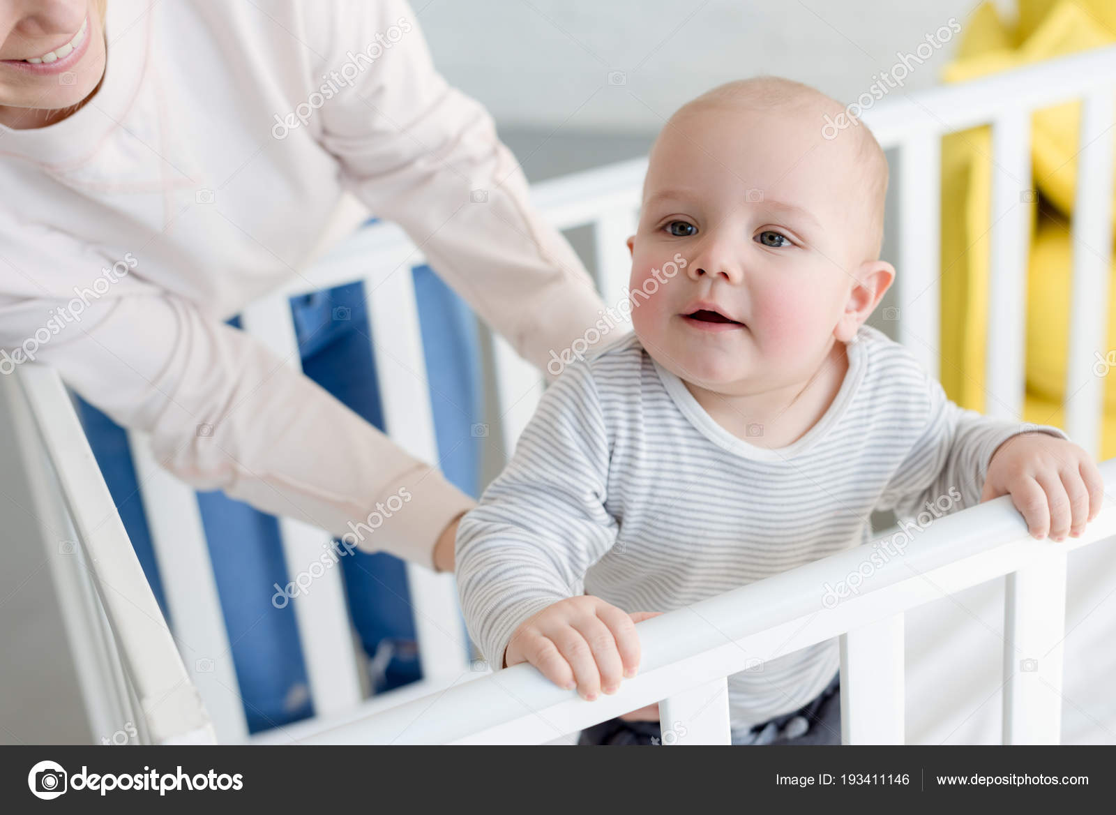 Little Son Standing Baby Crib Mother — Stock Photo © AllaSerebrina