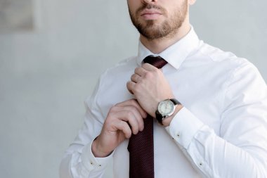cropped view of businessman wearing tie near white wall