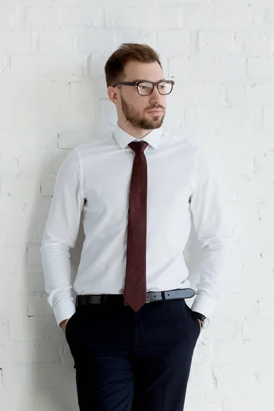 Homem Negócios Elegante Óculos Posando Perto Parede Branca — Fotos gratuitas