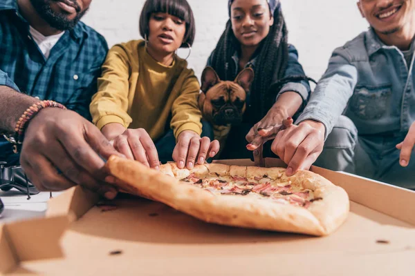 Low Angle View Young Multiethnic Friends French Bulldog Taking Pizza — Stock Photo, Image