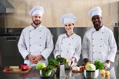 Multiracial chefs team smiling by modern kitchen counter clipart