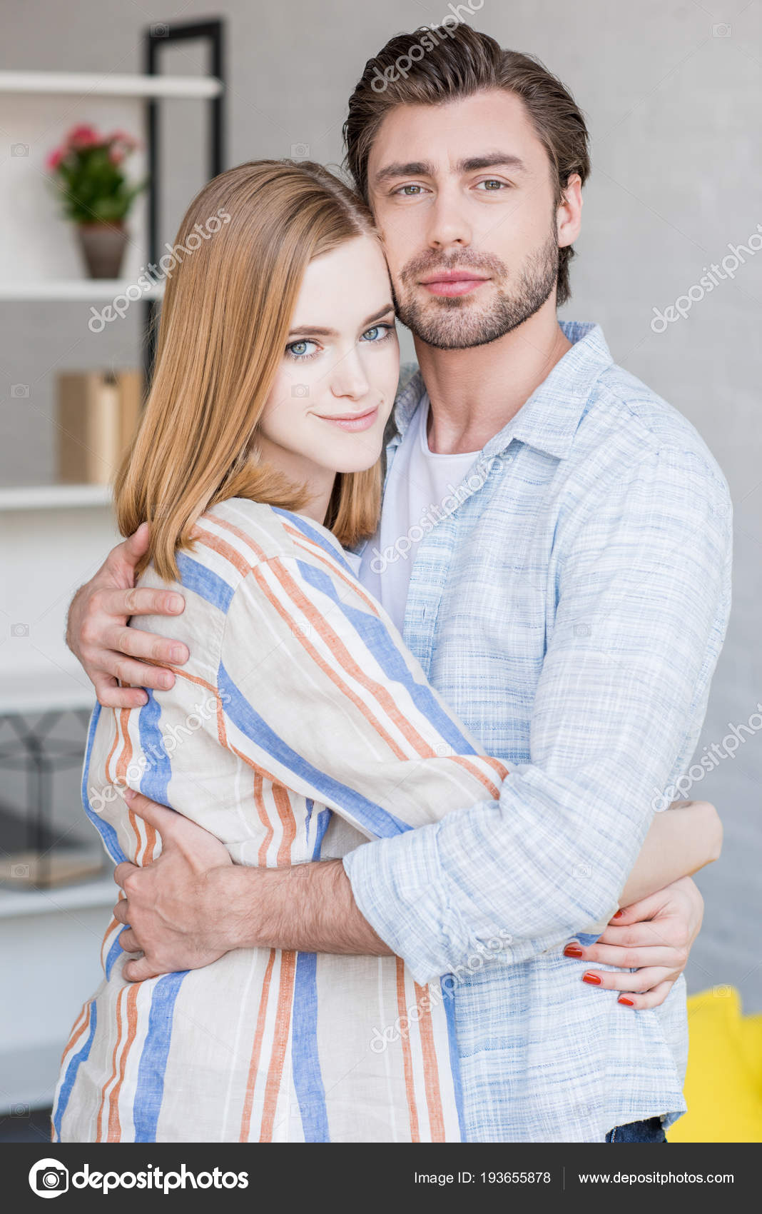 Attractive Girlfriend Boyfriend Hugging Each Other Living Room Stock Photo by ©AllaSerebrina 193655878 picture