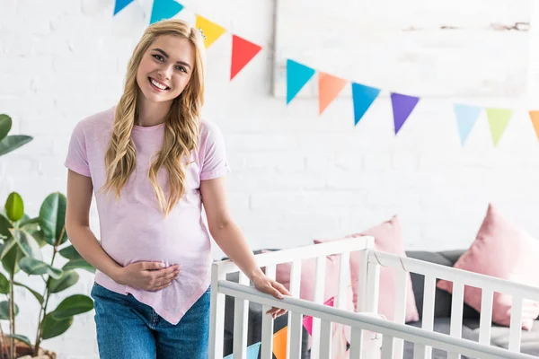 Smiling Beautiful Pregnant Woman Touching Belly Crib Baby Party — Stock Photo, Image