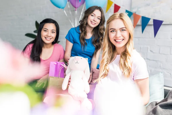 Happy Pregnant Woman Holding Rabbit Toy Baby Shower Party — Stockfoto