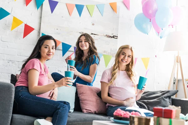 Multicultural Friends Pregnant Woman Holding Drinks Looking Camera Baby Party — Stock Photo, Image