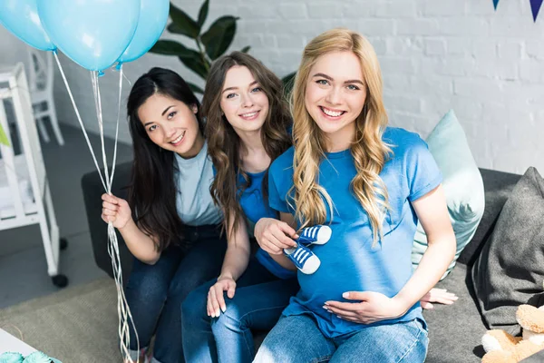 Multicultural Friends Pregnant Woman Baby Shoes Baby Party — Stock Photo, Image