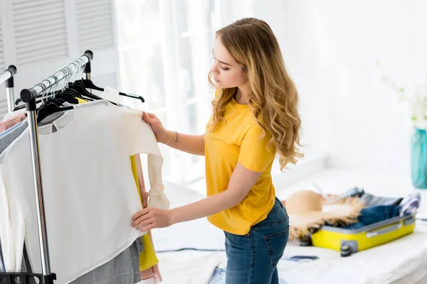 Attractive Girl Packing Clothes Travel Bag Bed — Stock Photo, Image