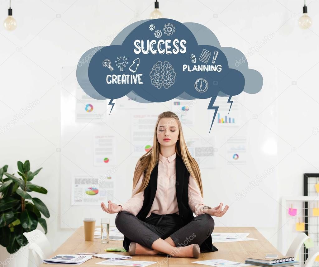 calm businesswoman meditating in lotus position on table in office, cloud with creative success planning signs inside above head