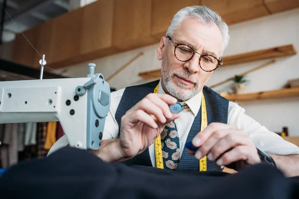 Handsome Tailor Holding Buttons Sewing Workshop — Stock Photo, Image