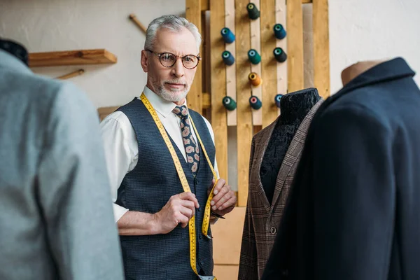 Handsome Tailor Touching Tape Measure Sewing Workshop — Stock Photo, Image