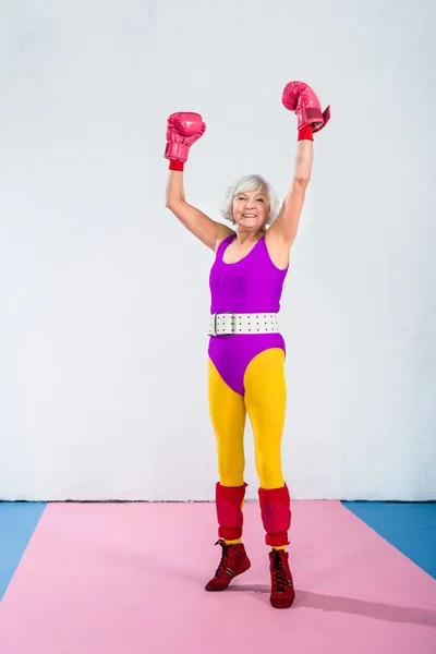 Cheerful Senior Female Boxer Raising Hands Smiling Camera — Stock Photo, Image