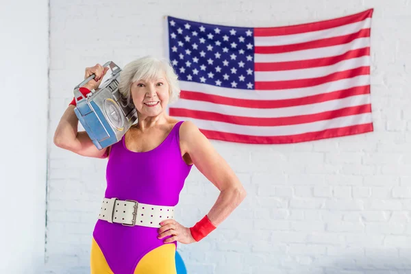 Happy Senior Sportswoman Holding Tape Recorder Smiling Camera — Stock Photo, Image