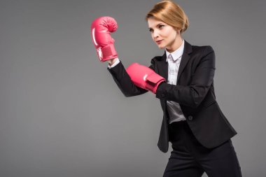 takım elbise ve pembe boks eldivenleri, gri izole çekici iş kadını