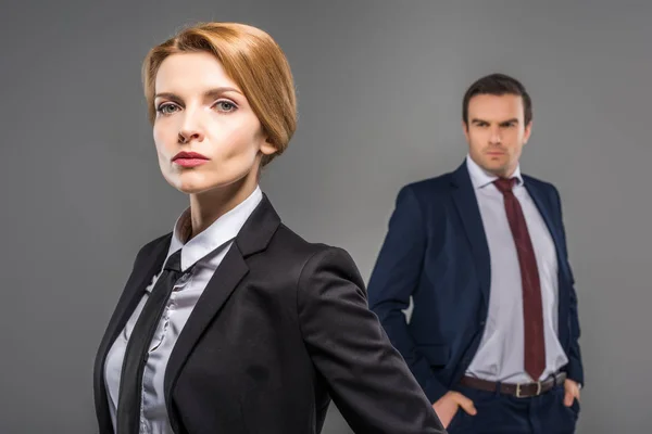 Confident Businesswoman Businessman Standing Isolated Grey Feminism Concept — Stock Photo, Image