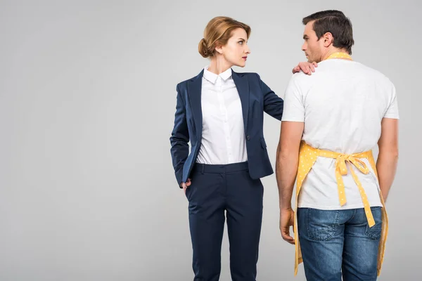 Mujer Negocios Cabeza Familia Masculina Pie Juntos Concepto Feminismo Aislado — Foto de Stock