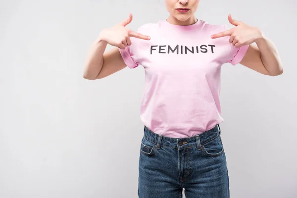 Vista Recortada Mujer Apuntando Camiseta Feminista Rosa Aislada Gris — Foto de Stock