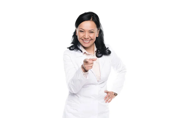 Cheerful woman in white coat — Stock Photo