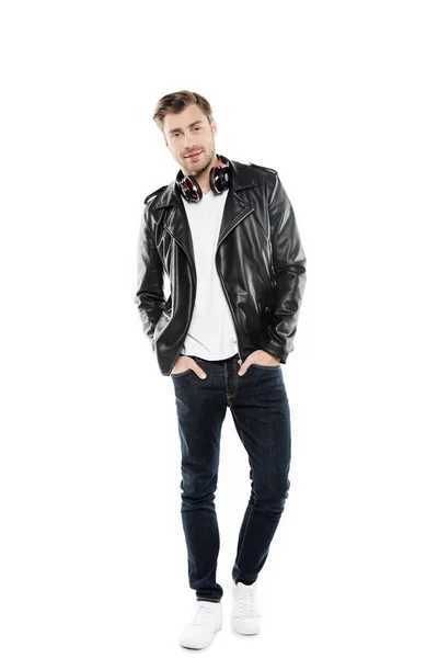 Stylish man in leather jacket with headphones — Stock Photo