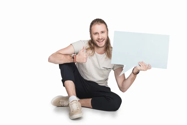 Hombre sosteniendo vacío discurso burbuja - foto de stock