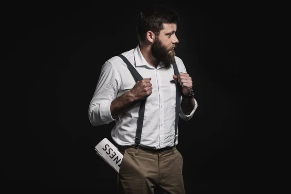 Man in white shirt and suspenders — Stock Photo