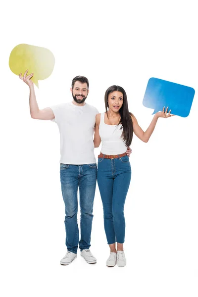 Couple holding chat cards — Stock Photo